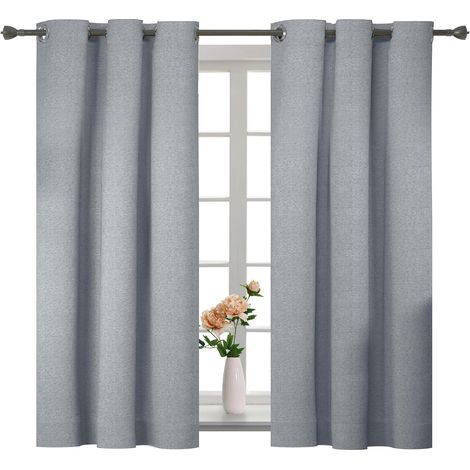 100% Blackout Curtain, Set of 2, 117 x 137 cm, Linen Effect, Thermal Insulating Curtain, Anti-Cold and Heat, Noise Proof, with Eyelets, for Living Room and Bedroom, Light Grey (1/5)
