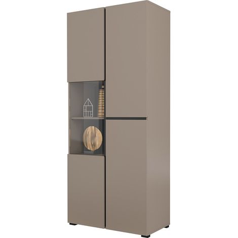 Hoher Vitrinenschrank mit 2 Türen, Kollektion HAVANA. Farbe Beige und Schwarz.