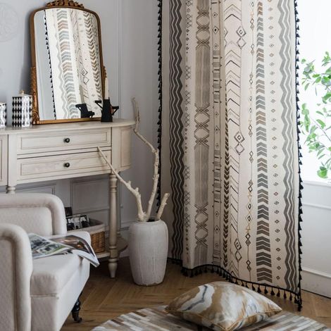 JSSEVN - Boho Vintage Curtains with Tassels - Semi-Blackout Curtains with Eyelets - Decorative Curtain for Living Room, Bedroom - 150 x 220 cm - Set of 1 (1/5)