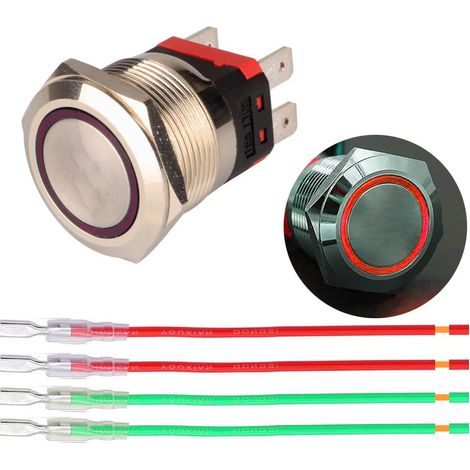 Bouton Poussoir Momentané de 22mm 12V-24V 15A Bouton-Poussoir LED Rouge, Panneau de Boutons Etanche en Métal avec Fil pour Voitures, Yachts, Appareils Electroménagers (1/5)