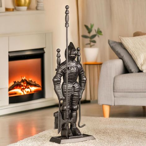 Knight Fireside Companion Set 4 Piece Fireplace Tools with Warrior Style Stand Fireside Accessory, Includes Poker, Brush, Shovel, Stand (1/5)