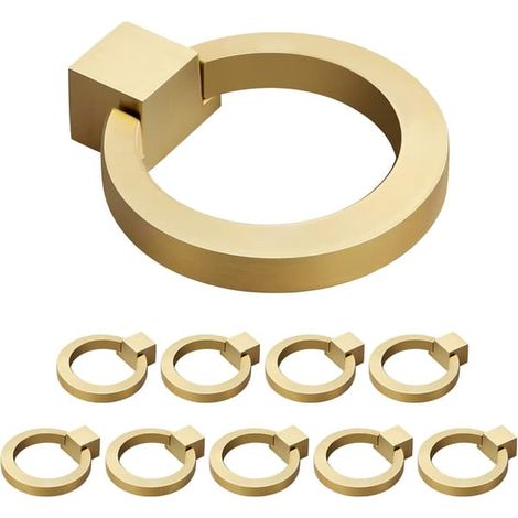 Ensemble de dix pièces de quincaillerie de cuisine plaquée or, poignées et anneaux de tiroir, poignées en laiton brossé avec un trou, 44,5 mm de diamètre. (1/3)