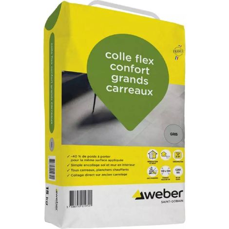 Weber Saint-Gobain Colle pour grands carreaux 15 kg pour carrelages et pierres naturelles (marbre, pierre calcaire, granit) toutes porosités, tous formats - Flex confort (1/5)