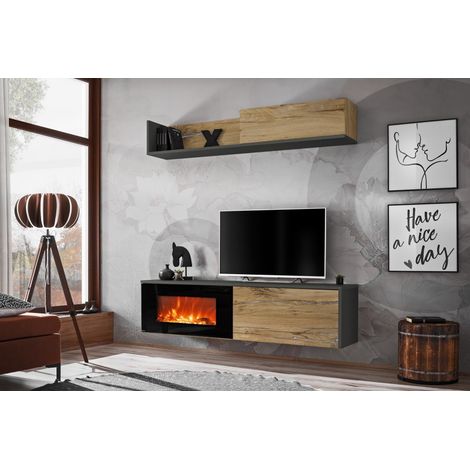 Ensemble de 2 meubles muraux "Dallas" avec cheminée électrique - Gris/Beige - L 180 x H 180 x P 40 cm - Livraison gratuite