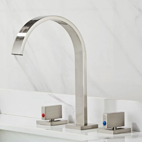 Three-piece Bathroom Sink Faucet Contemporary Hot and Cold Water Mixer Taps Soft Flush Deck Installation,Nickel Plated (1/5)