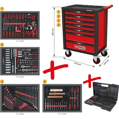 KS Tools RACINGline SCHWARZ/ROT Werkstattwagen mit 7 Schubladen und 515 Premium-Werkzeugen