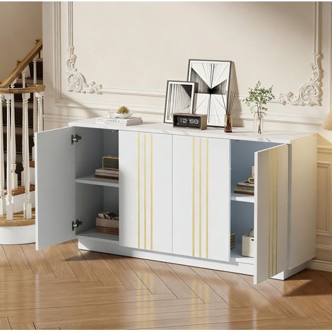 Buffet de salon 4 portes 140 x 35 x 70 cm, blanc et doré, en panneaux de particules (1/5)