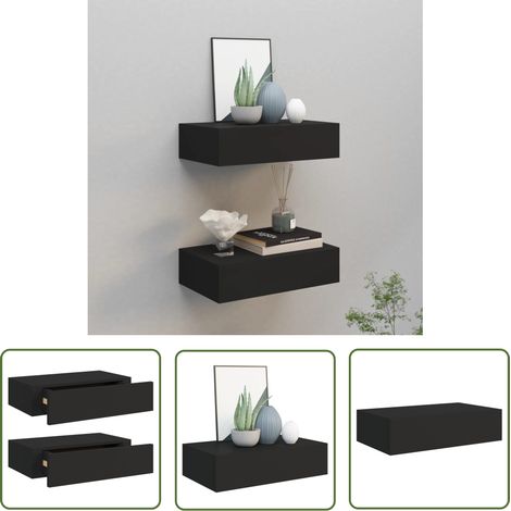 The Living Store Wandregale mit Schubladen 2 Stk. Schwarz 40x23,5x10 cm MDF - Wandregal - Regal Mit Schublade - Schwarzes Regal - Regal Für Wohnzimmer - Nachttisch (1/5)