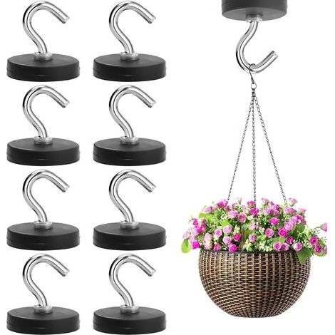 Set mit 8 schwarzen Magnethaken, 22 mm dick, ohne Bohren – Gummierte Magnethaken – Extra stark – 3,5 kg – Für Eisentüren und Kühlschränke (1/5)