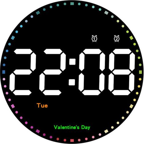 Horloge murale ronde, 25 cm, grande horloge murale numérique, grand écran avec trotteuse arc-en-ciel, affichage/semaine/température/luminosité réglable, horloge murale LED pour maison/bureau/garage (1/4)