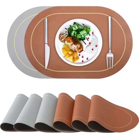 Sets de table ovales double face, marron/gris, résistants à la chaleur et imperméables, adaptés à la salle à manger, à la cuisine et à la terrasse, 6 (1/5)