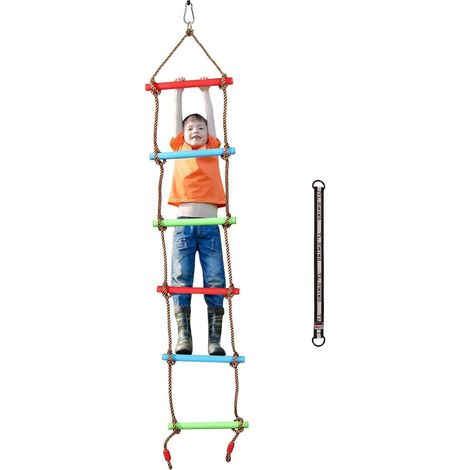 Échelle de corde pour enfants d'extérieur, 2 m, structure d'escalade avec six marches en plastique, longue corde d'escalade pour jeu de jardin, cabane dans les arbres, jusqu'à environ 150 kg (1/5)