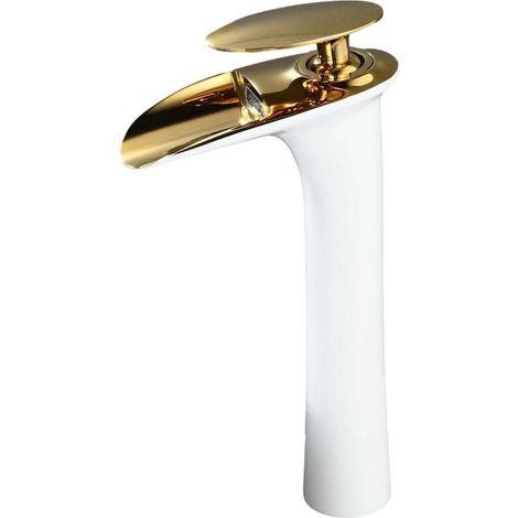 Mitigeur Salle de Bain Cascade: Robinet de Lavabo Blanc et Or - Robinet Haut pour Vasque - Robinettrie en Laiton (1/5)