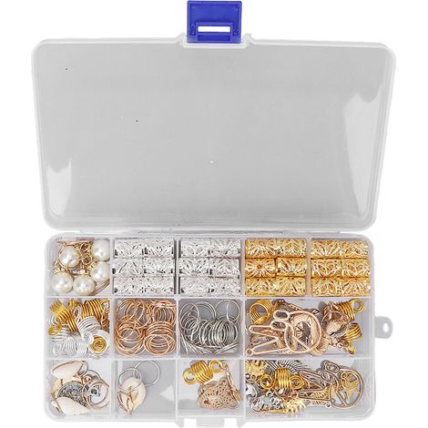 Ensemble de 173 accessoires pour perruque dreadlocks comprenant un grand pendentif serpent, une pièce d'or, un pendentif perle et des anneaux à ressort pour extensions de cheveux. Coffret inclus. (1/5)