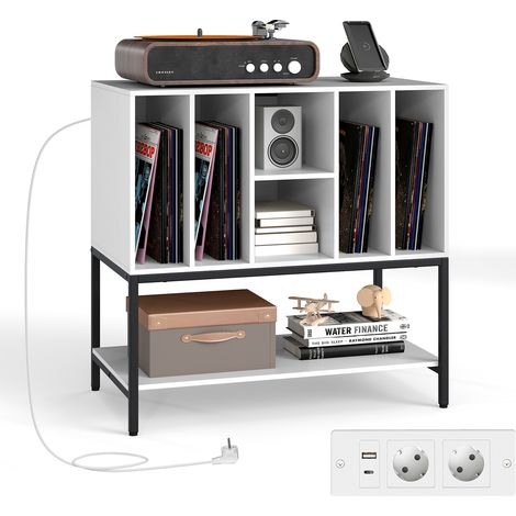 Table d'Appoint avec Rangement pour Vinyles, Support pour Tourne-Disque avec Station de Recharge, 80 x 45 x 79,5 cm, Blanc (1/5)