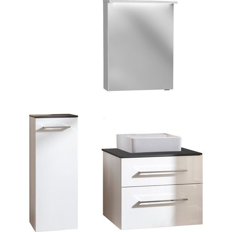 Fackelmann OXFORD Badmöbel Set 5 Teile / Waschbecken / Waschtischunterschrank mit 2 Schubladen / Waschtischplatte schwarz / Midischrank / LED-Spiegelschrank / Korpus & Front: Weiß / Breite ca. 60 cm"- (1/5)