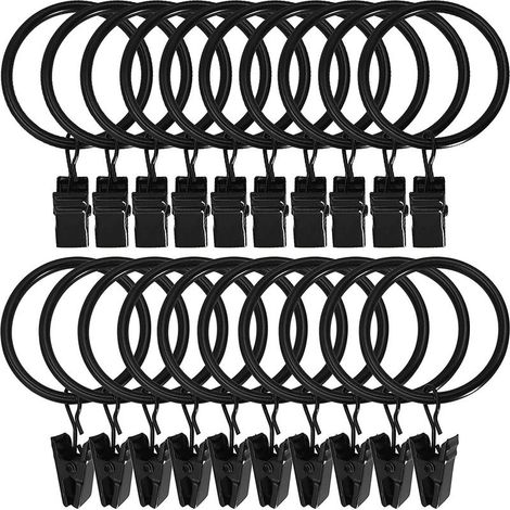 Set of 30 decorative solid metal curtain rings with vintage rustproof clip, compatible with curtain rods up to 2.5 cm, black (1/5)