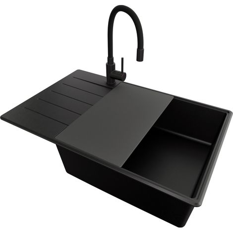 PRIMAGRAN Evier Cuisine en Granit 78x50cm, Lavabo 1 bac + Kit de Vidage + Accessoire, Évier à Encastrer au meuble 60cm - Copenhague, Tout Noir (1/5)