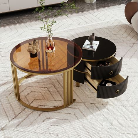 CHICFURN Mesa de centro redonda 2 en 1 70 x 70 x 45 cm y 50 x 50 x 40 cm negro y dorado (1/5)