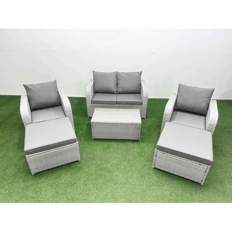 Fimous Light Grey PE Wicker Rattan Garden Furniture Set Sofa Set Reclining Adjustable Chair Rectangular Coffee Table 6 Seater 2 Big Stools (1/4)