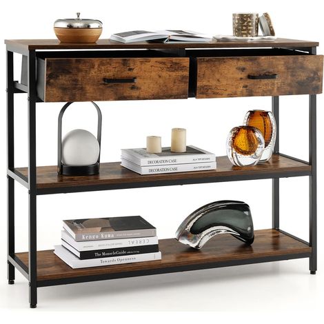 Goplus – Table console industrielle 100x30x80 cm – Cadre métallique noir – 2 tiroirs pliables en tissu – Design anti-basculement – Marron rustique (1/5)