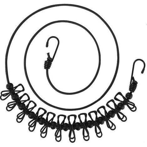 Tendedero portátil - Con 12 pinzas para la ropa - Tendedero de viaje resistente al viento - Elástico - Negro (1/5)