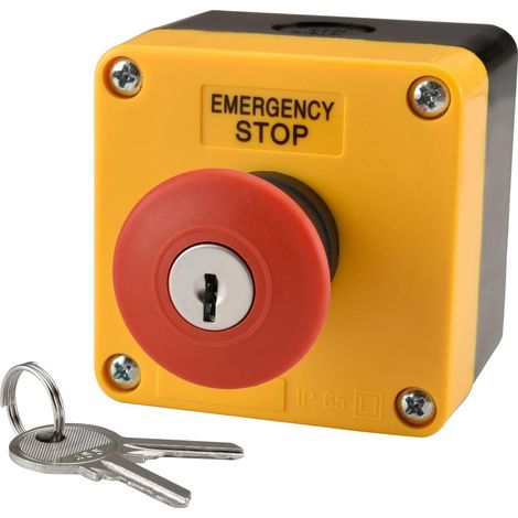 Weatherproof Emergency Stop Switch, Red Panel, Push Button, 660V, 10A, with Box and Key (1/5)