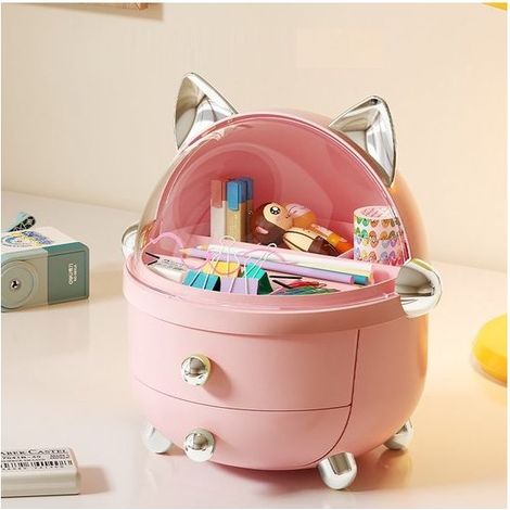 Boîte de rangement à tiroirs multiples pour cosmétiques chaton / boîte de rangement pour épingles à cheveux et fournitures scolaires pour enfants Rose