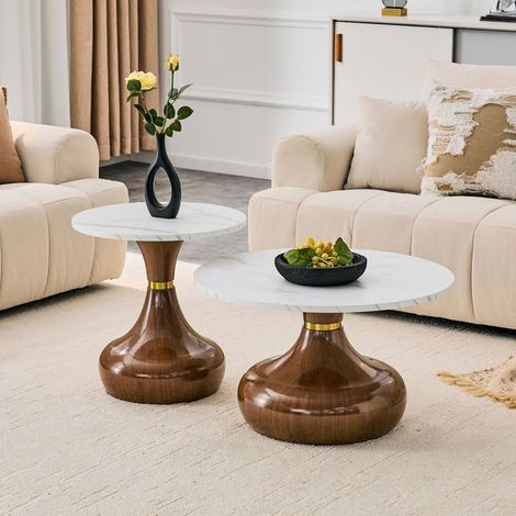 Table Basse plateau rond effet marbre blanc surface mélaminée durable plateau moderne compatible différents piétements (1/5)