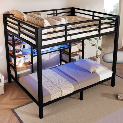 Litera, 90 x 200 cm, 140 x 200 cm, estructura metálica, compartimentos de almacenamiento, compatible con USB, USB tipo C y enchufes redondos, iluminación LED, colchón no incluido, color negro. (1/5)