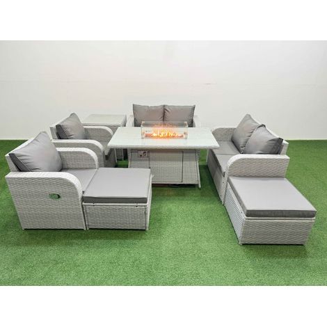 Fimous 8 Seater Outdoor Reclining Chair Love Sofa Set Rattan Garden Furniture Set with Firepit Dining Table 2 Big FootStools Side Table Light Grey (1/4)