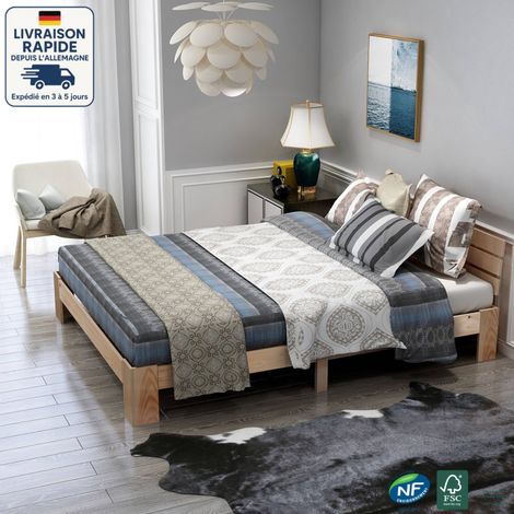 Lit doubles pour adultes/enfants 140x200 cm, sommier à lattes, bois, sans matelas, naturel (1/5)