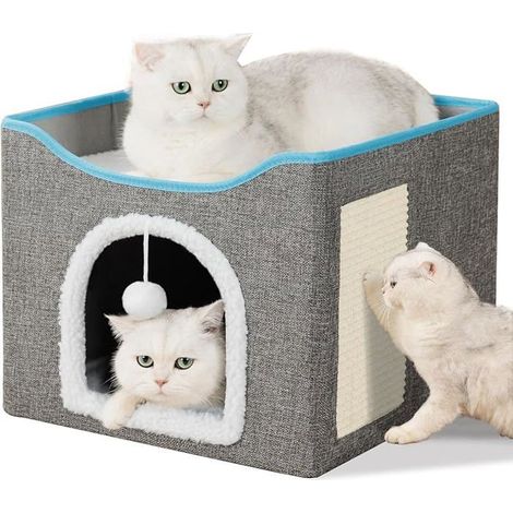 Katzenkorb, weiches und bequemes Katzenbett, Indoor-Katzenhaus mit 2 Ebenen, Hängematte und Plüschkissen, graue Farbe - CHATIERE