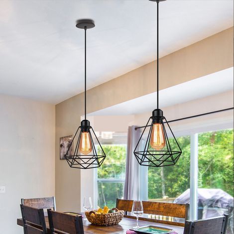 Vintage Pendant Light in Ø20cm Diamond Shape, Industrial Hanging Ceiling Lamp with Metal Cage Lampshade, E27 Holder Chandelier Black 2PCS (1/4)