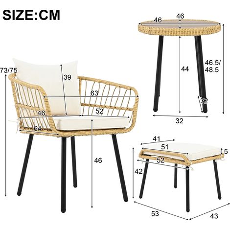 ELVMI Set da Giardino con 1 Tavolo, 2 Sedie e 2 Sgabelli con Cuscini, Rattan e Tessuto, Bianco e Naturale (1/4)