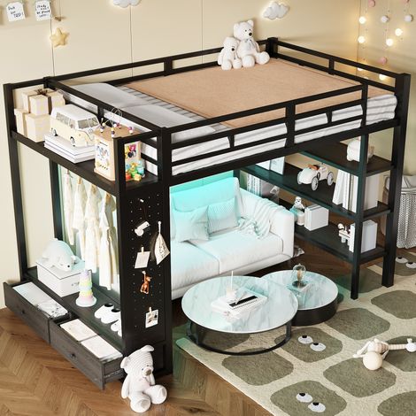 Cadre de lit mezzanine 140x200 avec armoire ouverte,lit mezzanine en métal avec compartiments de rangement,mur perforé et éclairage LED,noir.