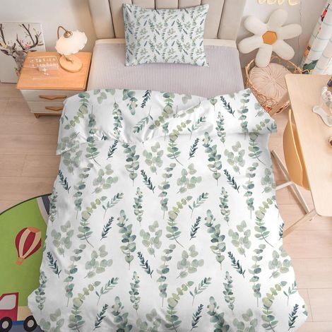 Parure de lit enfant 100x135 cm Feuilles d'eucalyptus microfibre avec fermeture éclair