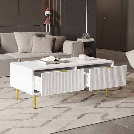 Table basse blanche moderne avec détails dorés, 2 tiroirs, motif à rayures verticales, 100 x 50 x 40 cm, table basse de salon, table d'appoint pour canapé