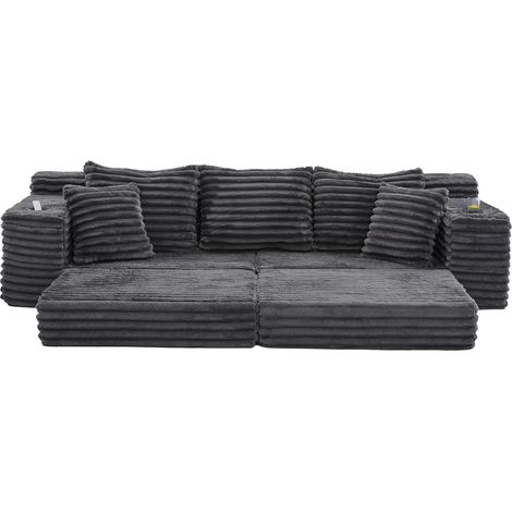 Canapé en velours côtelé gris foncé avec dossier haut, coussins supplémentaires, poches latérales et porte-gobelets, convertible en canapé-lit (1/5)