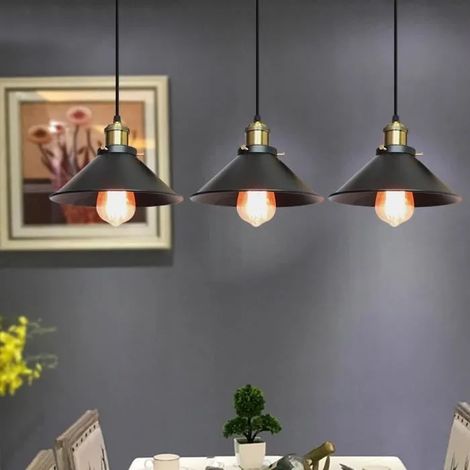 FUSION& E27 3 Tete Suspension Réglable Vintage Industrielle Abat - Jour Cage forme Chapeau Fer Noir pour Salon (1/4)