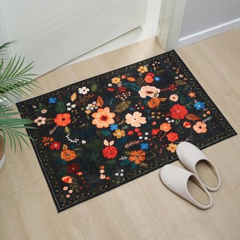 Paillasson - Tapis de sol - 8050cm - Motif vintage - Noir - Polyester - Paillasson d'intérieur - Petit tapis à motif floral - Tapis de pied - Tapis antidérapant à poils courts - Pour entrée, cuisine,  (1/5)