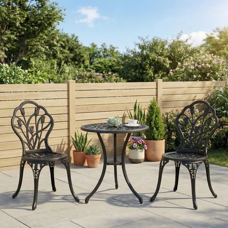 Ensemble jardin en aluminium en 3 parties 2 chaises table basse ronde Ø60x67 cm noire - Dimensions: 42,5x47,5x89 cm