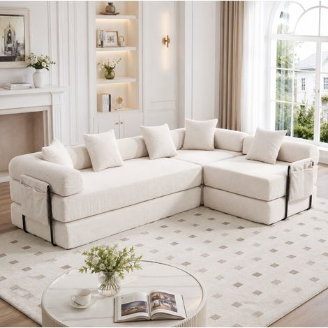 Divano angolare modulare 270x180x64 cm in tessuto beige con tasca laterale, per salotti – MEUBLIV (1/5)