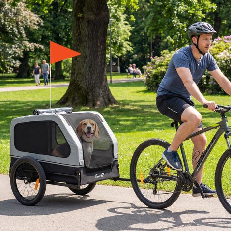 Remorque vélo pliable pour chiens de taille moyenne jusqu'à 20 kg avec rampe rabattable, réflecteurs, laisse, drapeau, grise