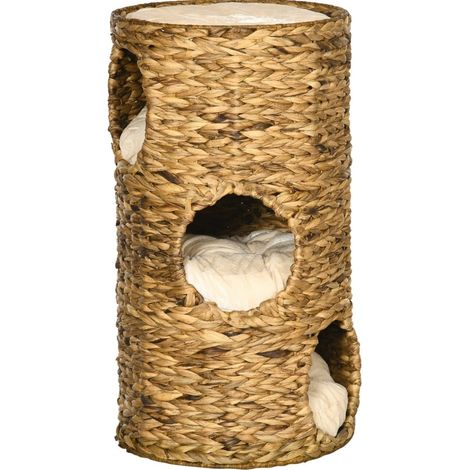 Lit Pour Chat 40 X 73 Cm En Jacinthe D'eau Tressée, 3 Niches Avec Coussins Amovibles (1/5)