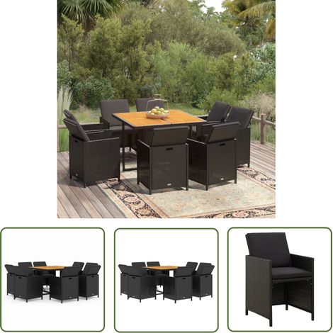 The Living Store 9-tlg. Garten-Essgruppe mit Kissen Poly Rattan Schwarz - Outdoor Möbel - Gartenmöbel Set - Esstisch - Gartensessel - Rattan Gartenmöbel (1/5)