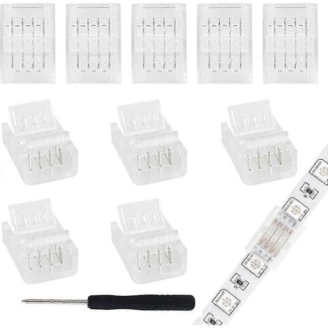 Packung mit 10 Steckverbindern für 4-polige 10-mm-LED-Streifen, kompatibel mit 5050- und 3528-RGB-LEDs, inklusive Schraubendreher.