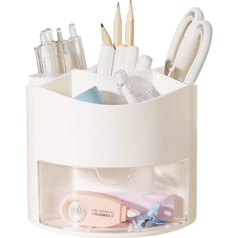 Porte-stylos et crayons rotatif 360° avec tiroir, 5 compartiments, organiseur de bureau pour fournitures, pinceaux de maquillage, table de toilette, maison, bureau, blanc (1/5)