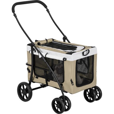 Faltbarer Haustier-Buggy für Hunde & Katzen, abnehmbare Tragetasche, 4 Räder mit Bremsen, 600D Oxford, Khaki (1/5)