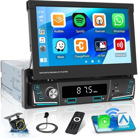 Carplay Wireless Car Radio Touch Screen retrattile da 7 pollici, 1 Din Autoradio Wireless Android Auto Stazione radio Bluetooth FM AM Radio USB AUX TF Telecamera di retromarcia (1/5)